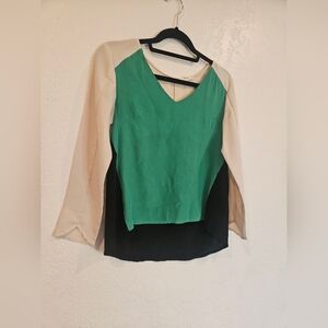 Céline Colorblock 100% Silk V-Neck Long Sleeve Top Green Black Beige US Size 4